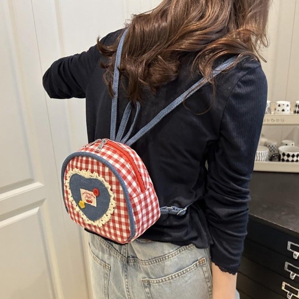 Cloth Denim Shoulders Bag Mini Knapsack Lovely Lattice Backpack  Outdoor