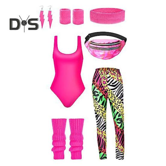 Женский спортивный костюм в стиле ретро 1980-х годов, спортивная одежда, фитнес-экипировка, аксессуары для костюмов с жилетом, леггинсы, повязка на голову, браслеты, гетры, серьги, поясная сумка