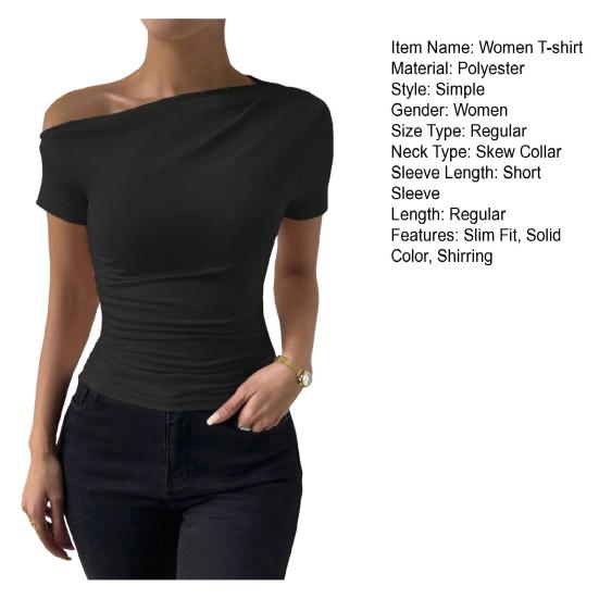 Женская летняя футболка с коротким рукавом, тонкая однотонная футболка с косым воротником, пуловер с боковыми сборками