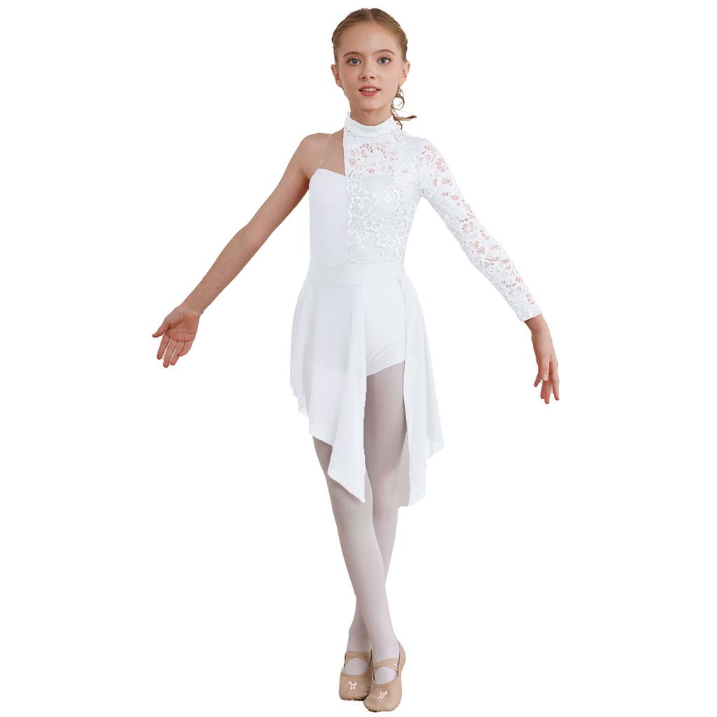 Girls Lyrical Dance Dress Half Floral Lace Bodice Asymmetrical Hem Boyshorts One Piece Jumpsuit for Dance Performance