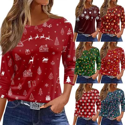 Женская футболка с рождественским принтом, рукав 3/4, повседневная, модная, на выходные, базовая, с круглым вырезом, стандартный топ