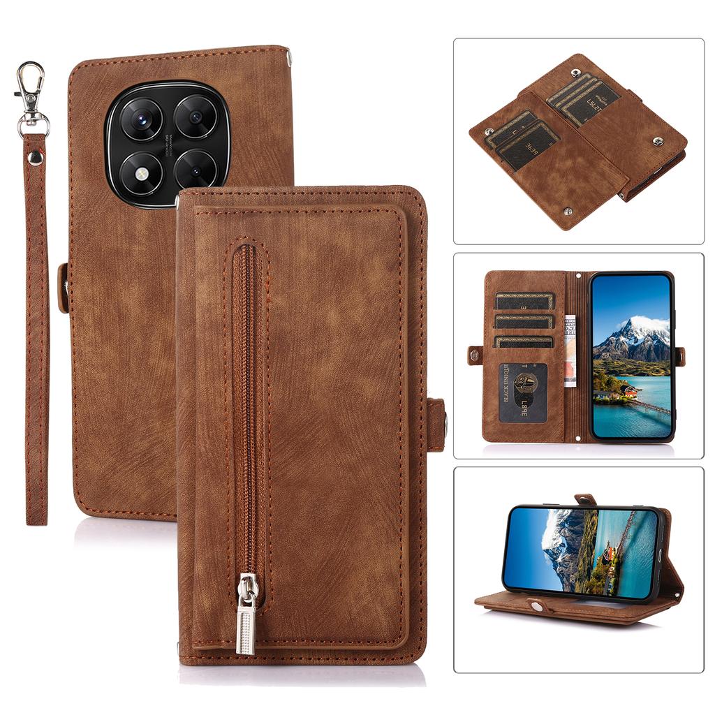 Phone Case For Xiaomi Redmi Note 14 Pro 5G/Note 14 Pro+ 5G/Poco X7 5G ,Zipper Pocket 9 Card Slots PU Leather Cover with Wrist Strap