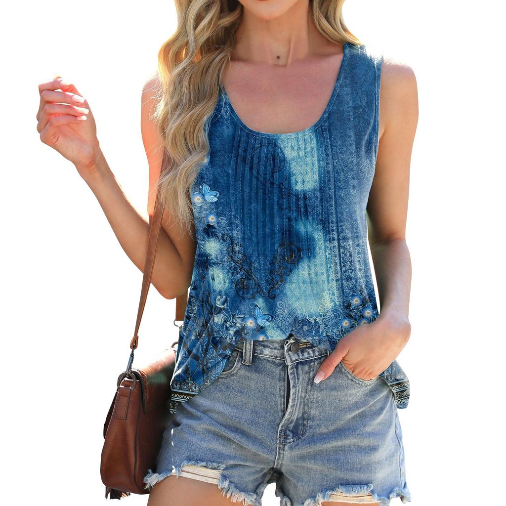 Fashion Round Neck Tie-dye Print Loose Sleeveless T-shirt Vest Woman