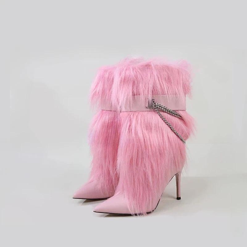 Модные Новые Туфли на Высоком Каблуке с Острым Носком, Нишевый Дизайн, Цепь, Волосатые Ботинки, Европейская Американская Мода, Черные, Красные, Острые, Сексуальные Женские Ботинки, Размер 43