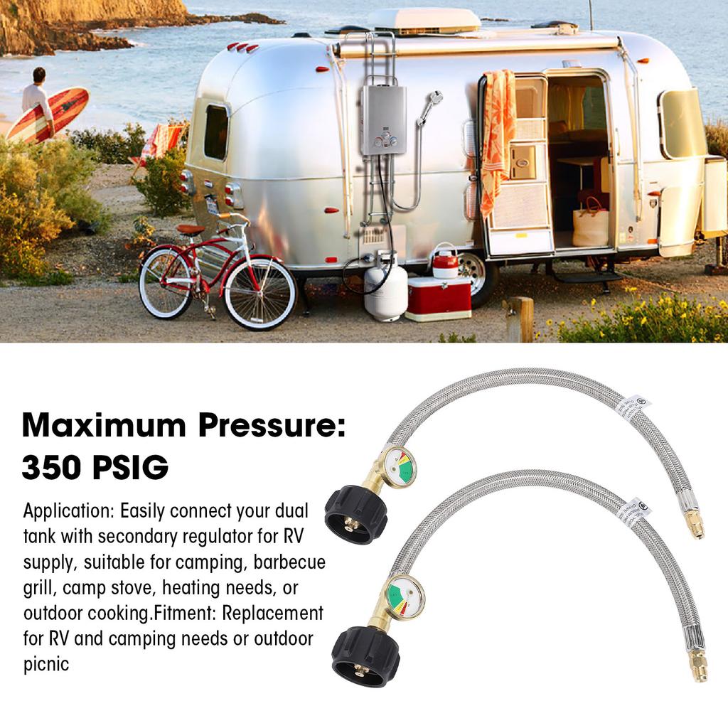 2Pcs RV Hose with Gauge 1/4in Male NPT QCC Type1 Inlet 350 PSIG 15 Inch Stainless Steel Hose for Camping Picnic Outdoor