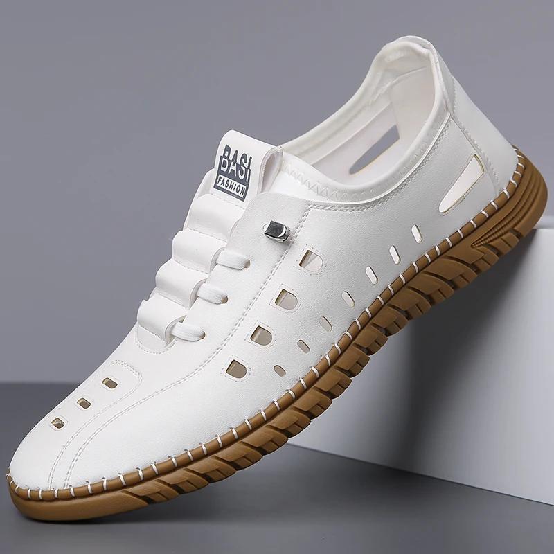 Модные летние новые мужские тапочки с перфорацией, обувь из коровьей кожи, сандалии на мягкой подошве, сандалии для треккинга на открытом воздухе, удобная пляжная кожаная обувь