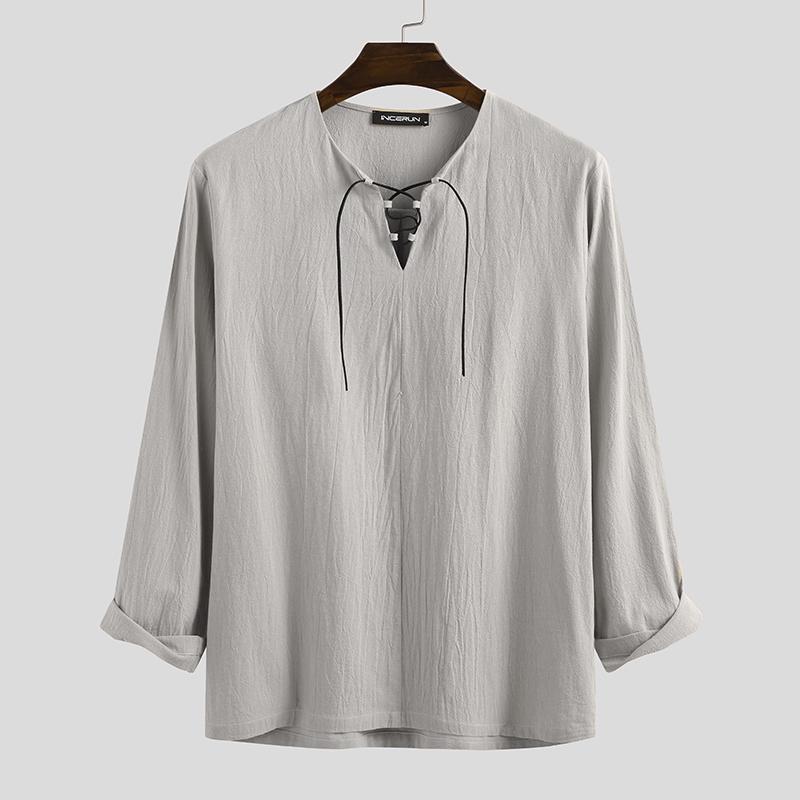 Мужская хлопковая винтажная рубашка без пуговиц INCERUN