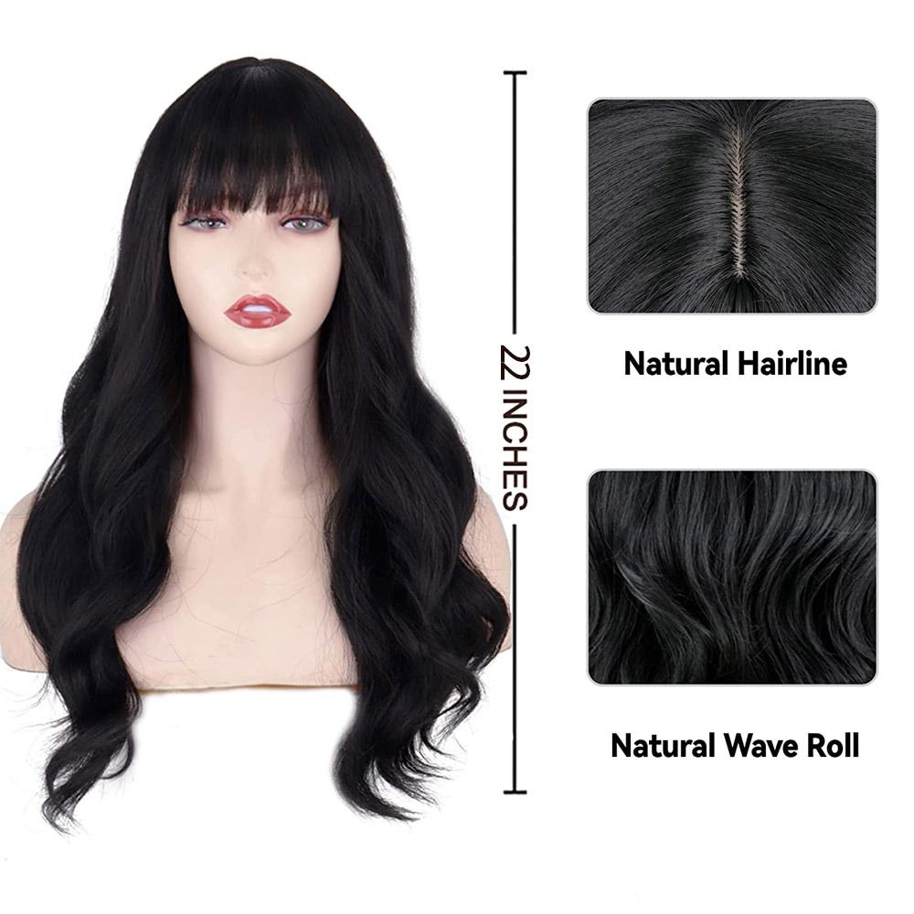 MERISIHAIR Long Black Synthetic Wigs with Bangs Water Wave Heat Resistant Fiber Wig for Women Natural Wavy Wig Daily Wear