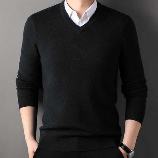 Осень-зима мужской свитер с V-образным вырезом, трикотажный однотонный эластичный пуловер средней длины, формальный деловой стиль, свитер