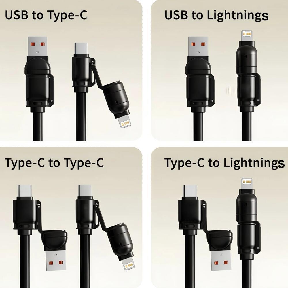 240 Вт 4-в-1 Быстрая зарядка Пружинный кабель данных Выдвижной Multi USB Type-C на Lightning Type-C для телефона Планшета