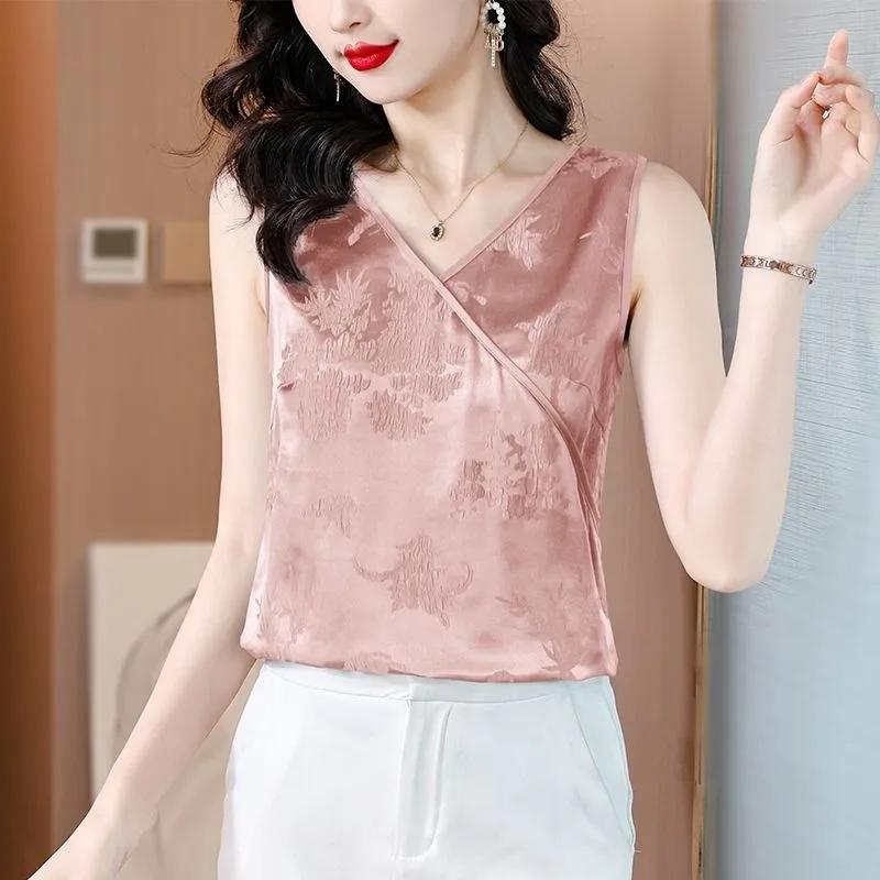 Женский топ-майка без рукавов с жаккардовым узором в китайском стиле, ацетатный сатин, V-образный вырез, перекрестный дизайн, свободный крой, универсальный для многослойности или самостоятельного ношения