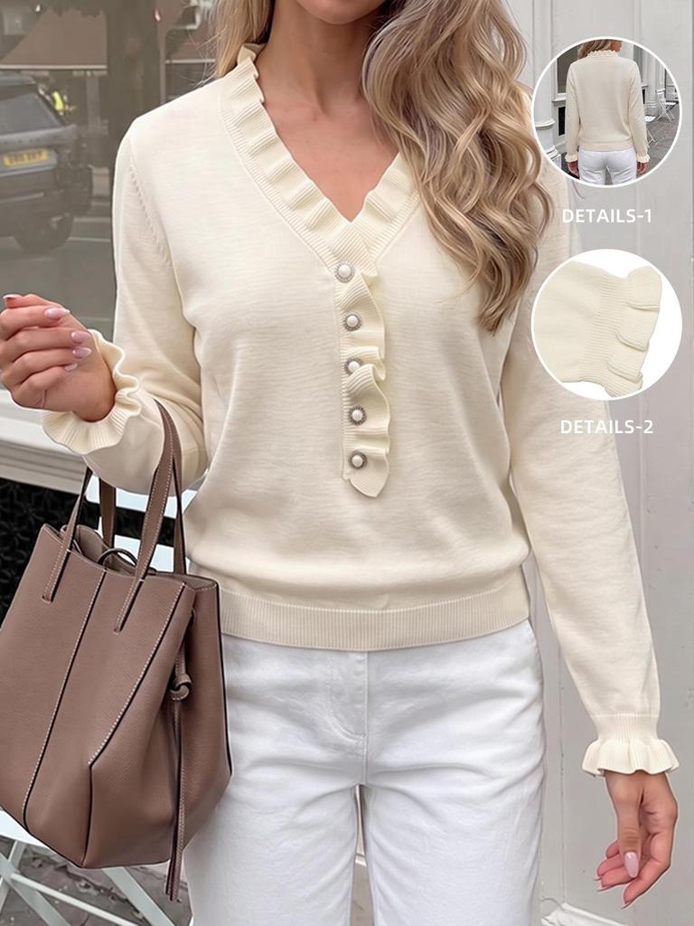 European and American Cross-border Hot Selling Knitwear Solid Color Ruffle V-neck Pullover Sweater 2026 Autumn/Winter New Style Sweater