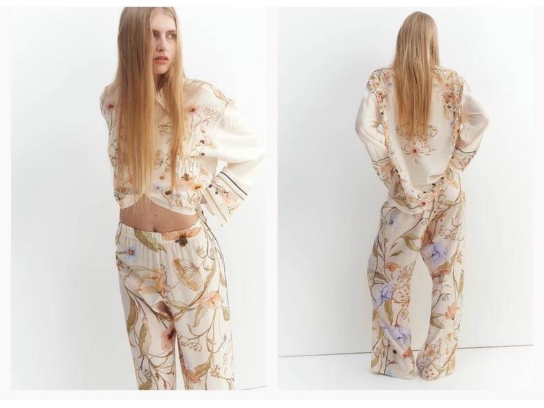 Женский европейско-американский комплект с цветочным принтом из рубашки с длинным рукавом и брюк, 2025