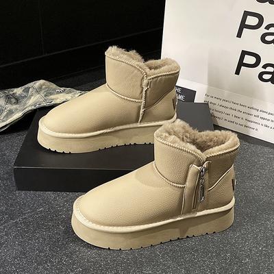 Мода 2024 Зима Новый Стиль Кожа и Бархат Толстая Подошва Теплые Зимние Сапоги Боковая Молния Модные Короткие Сапоги Женские Уличные Хлопковые Туфли