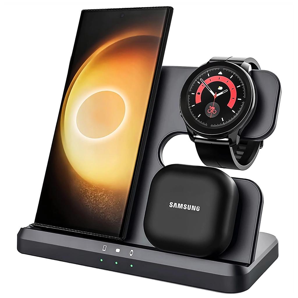 3-in-1 Qi 3.0 Wireless Inductive Charger Fast for Samsung S22 S23 S24 S25 Galaxy Watch Buds Station Black
