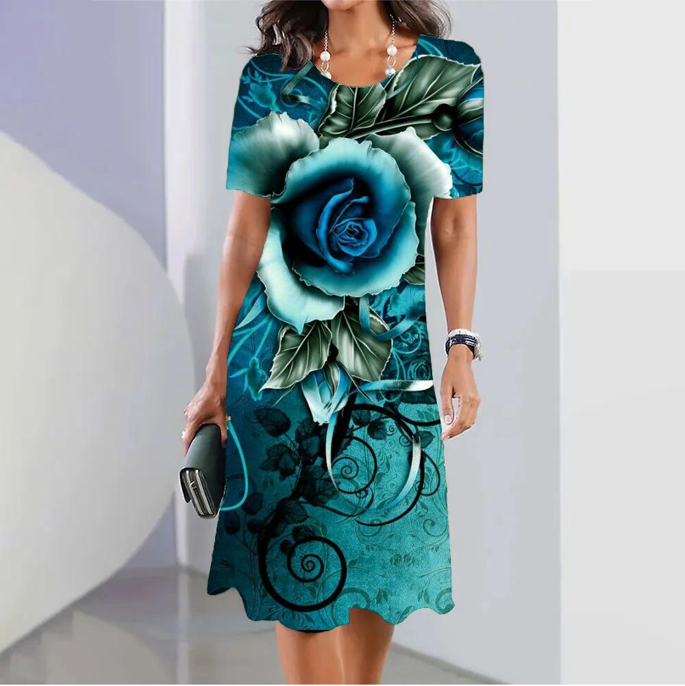 Модное женское свободное платье-трапеция с принтом ежевичных роз и коротким рукавом с круглым вырезом и принтом листьев
