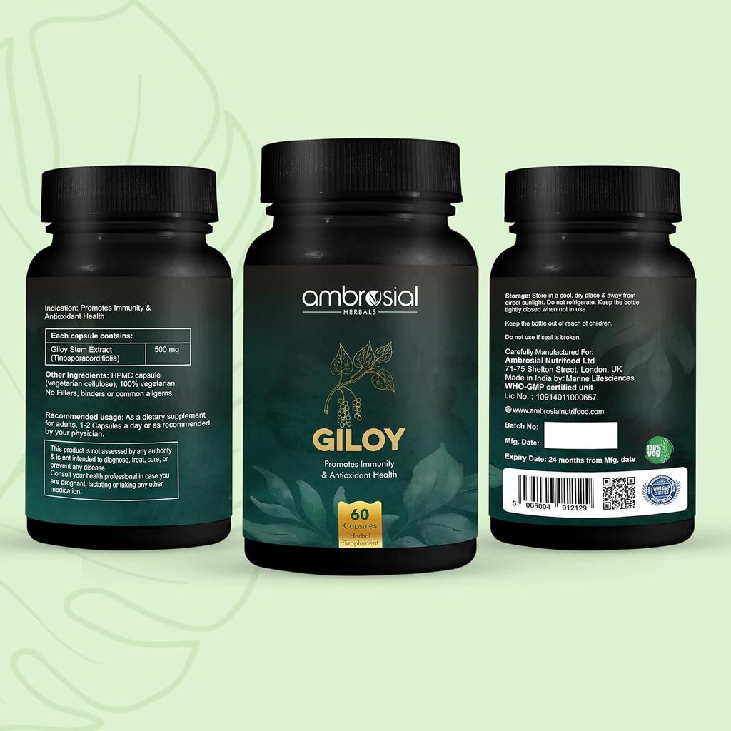 Таблетки Ambrosial Giloy 500 мг | Натуральный экстракт Giloy Guduchi, антиоксидантные свойства, усилитель иммунитета (Упаковка 1-60 капсул)