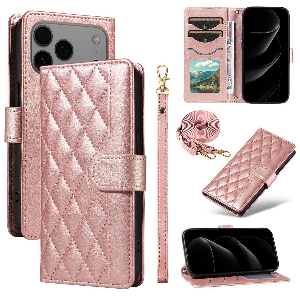 For iPhone 17 Pro Max Wallet Case Rhombus Leather Phone Cover with Strap