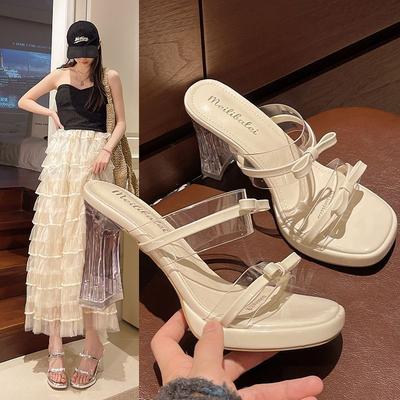 Водонепроницаемый стол с ремешком на одно слово с юбкой, сандалии, тапочки, женские 2025 новые прозрачные на высоком каблуке, хрустальный каблук и сандалии для летней носки