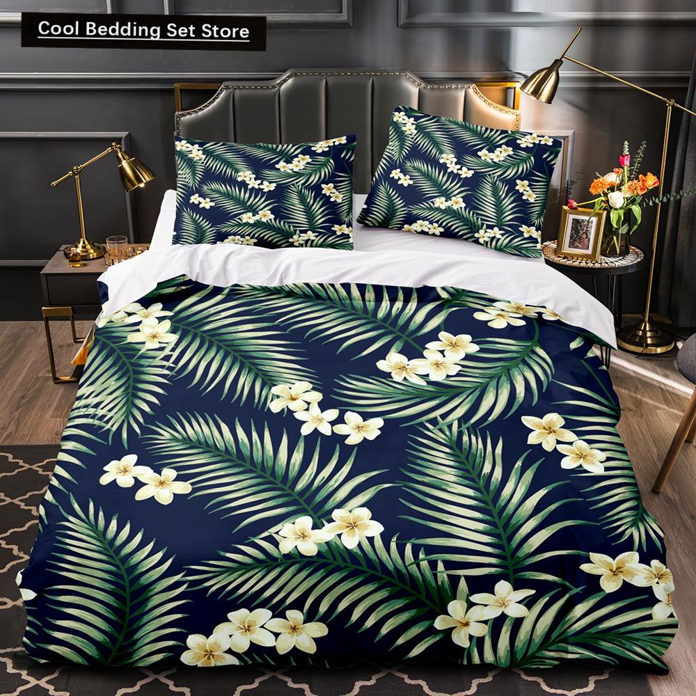 Тропические растения Цветочный пододеяльник King Queen Комплект постельного белья с зелеными пальмовыми листьями Кремовые цветы 2/3 шт. Полиэстеровый пододеяльник