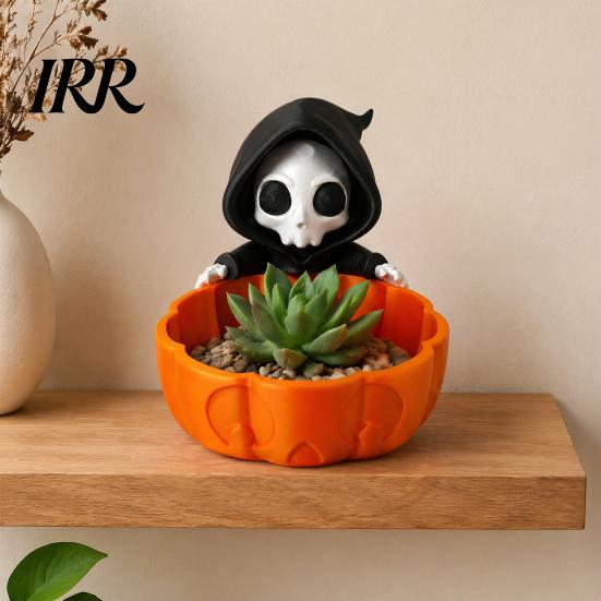 Small Potted Plant Stand Halloween Candy Bowl, 3D Printed Grim Reaper Snack Holder Dish, Spooky Fun Seasonal Home Accents Skeleton Serving Bowl