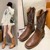 Women Boots Embroidered Western Boots Leather Mid Calf Cowboy Boots Winter Chunky Heel Boots Female Shoes Boots