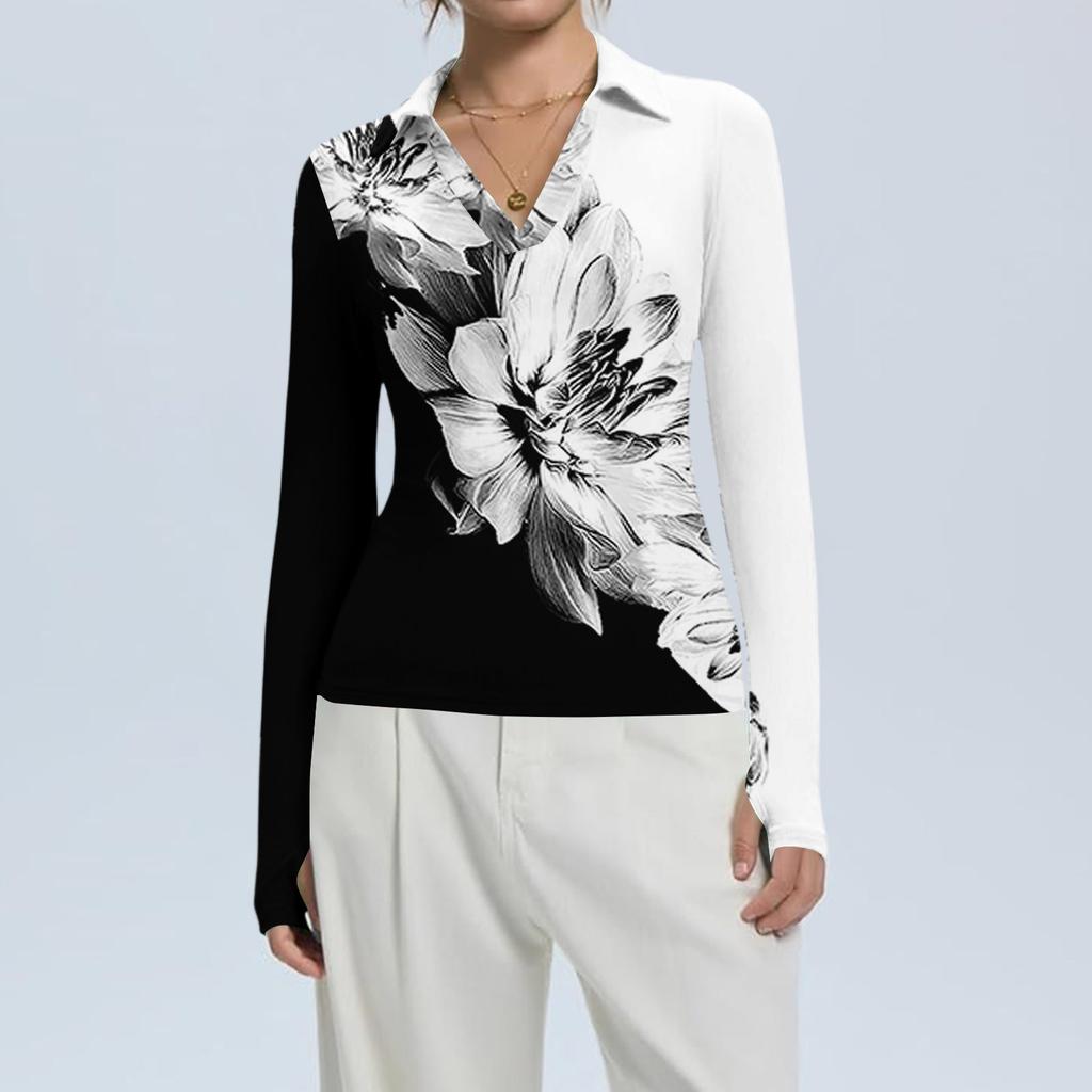 Женская Мода Повседневный Принт V-образный Вырез Длинный Рукав Застежка на Пуговицы Топ