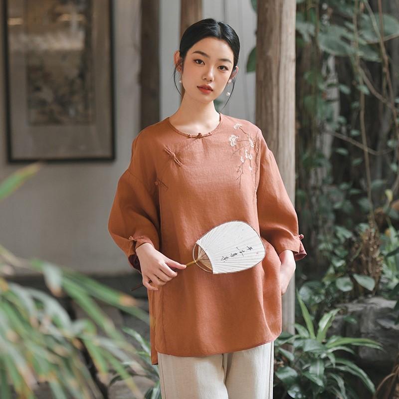 Johnature Женские рубашки с вышивкой, с цветочным узором, с круглым вырезом, топы в китайском стиле, однотонные блузки, летние свободные рубашки
