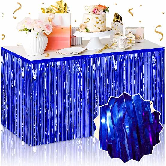 3 Pack 29 x108 Inch Blue Foil Fringe Table Skirts Metallic Banner for Tel Streamer Garland Backdrop for Parade Floats Mother's Day, Graduate,