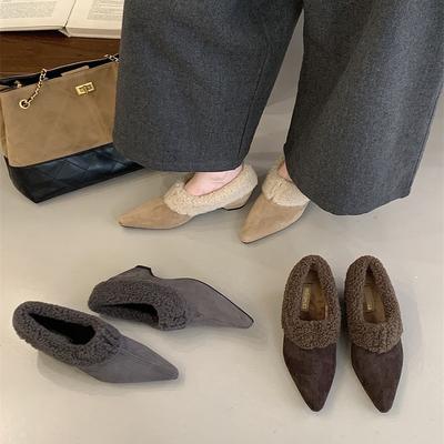 Туфли Мао Мао 2025 осень и зима новая модель на низком каблуке универсальные с острым носком флисовые теплые туфли-лодочки с глубоким вырезом из шерстяного ролл-хлопка женская обувь