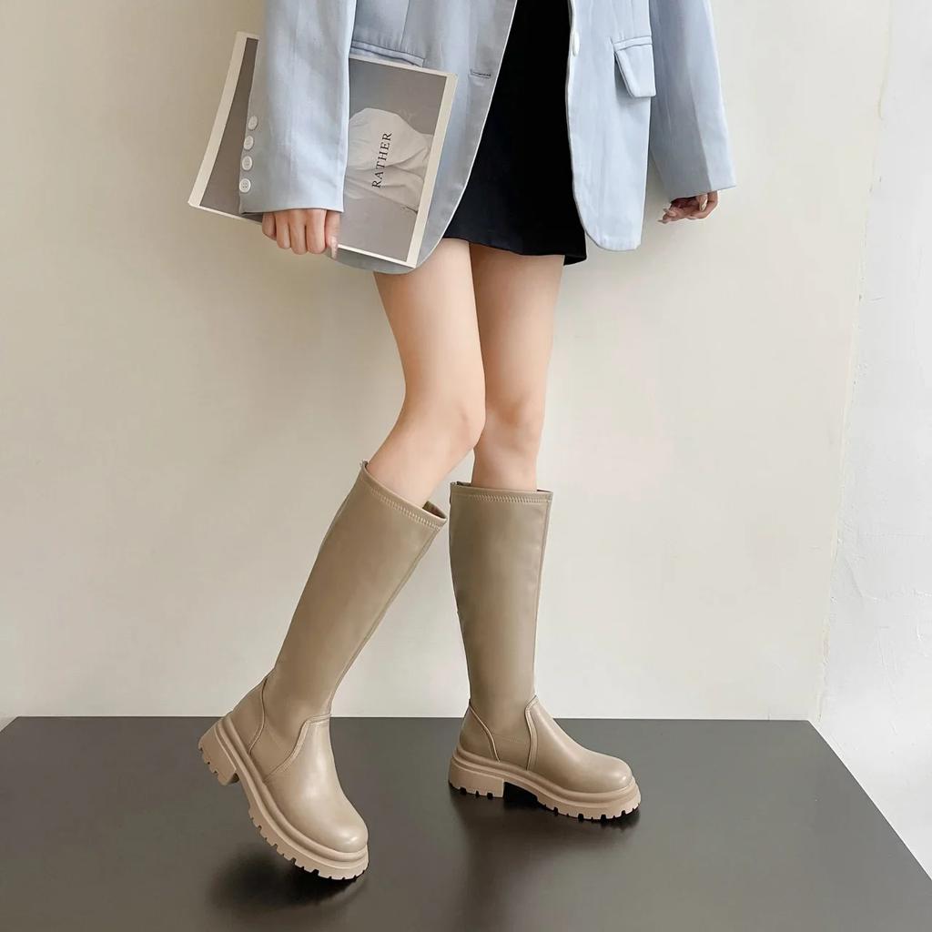 Распродажа женской обуви 2024 года, высококачественные женские сапоги с круглым носком, теплые, однотонные, средней толщины, на толстом каблуке, модные сапоги