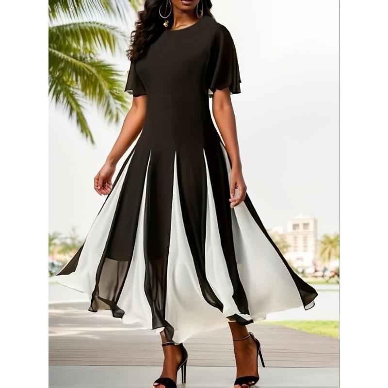 Женское цветное шифоновое платье с круглым вырезом и коротким рукавом в стиле весна-лето