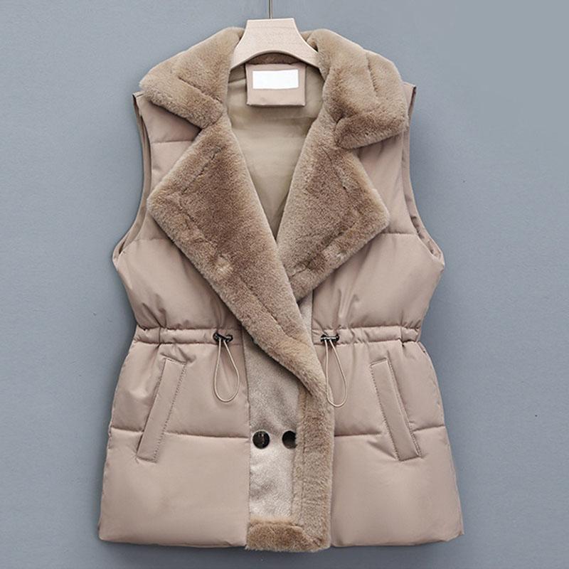 Autumn Winter Women Vest Fur Integrated Lapel Drawstring Horse Jacket with Lamb Fur Patchwork Down Cotton Vest Female Waistcoat