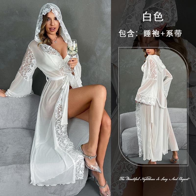 New Sexy Mesh Hooded Bathrobe Lace Lace Robe Belt