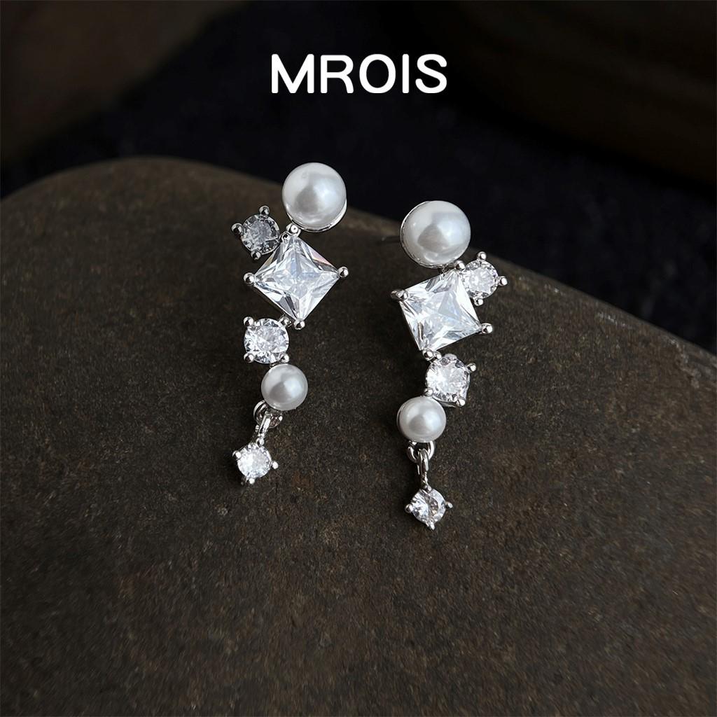 Gold-Plated French Pearl Tassel Earrings with Geometric Zircon Design for Women