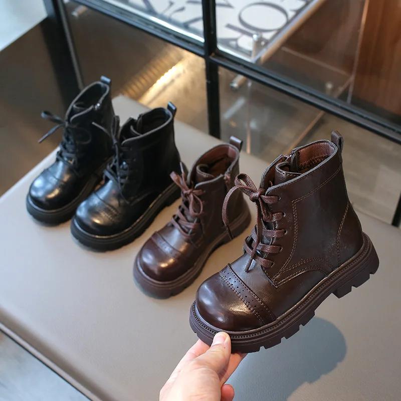 Детские ботинки весна-осень, простые ботильоны для девочек на платформе, модные, с круглым носком, новые, универсальные, детские, повседневные, черные кожаные ботинки