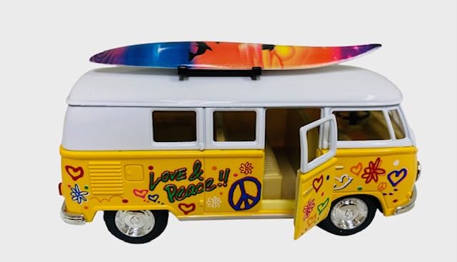 Kinsmart 1/32 Scale Diecast Car (Kinsmart) 1962 Volkswagen Bus Love & Peace with Surfboard, Yellow