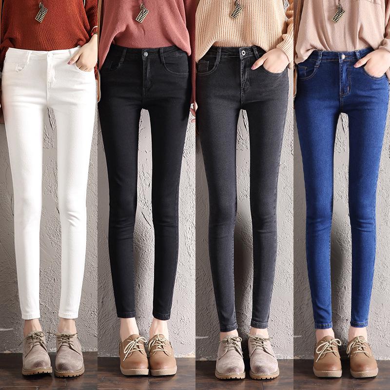 High-waisted Jeans Female Spring New Elastic Slim Thin Small Feet Nine Points Grey Student Pencil Trousers