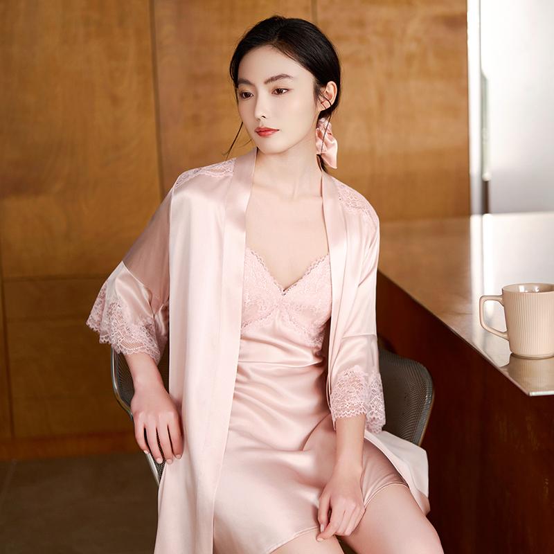 100% Mulberry Silk Lace Three-Quarter Sleeve Nightgown