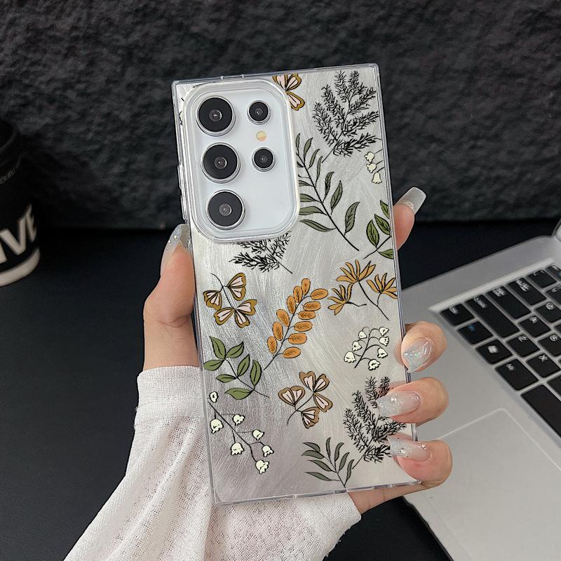 Цветочный узор блестящий тонкий жесткий чехол для задней панели из поликарбоната для Samsung S25 Ultra S24 FE S23 A36 A56 A16 A55 перо сверкающий ударопрочный чехол для телефона из ТПУ с мягким краем