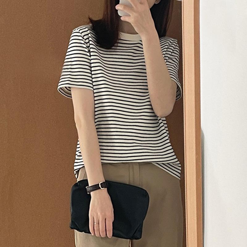 Pure Cotton Short Sleeve T-shirt with Black and White Stripes New Korean Version Round Neck Loose Thin All-match Blouse