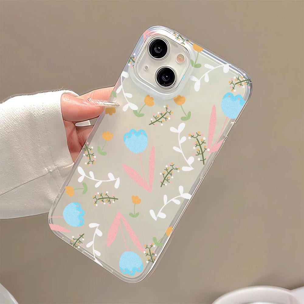 Blue pink flowers and plants are suitable for iPhone17ProMax mobile phone case 14 Apple 12/11 matte 13 all-inclusive