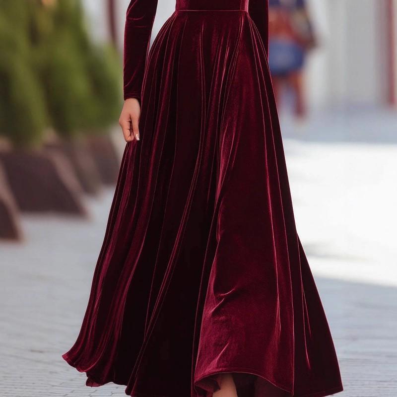 Womens Winter Velvet Dress High Neck Puff Sleeve Fit Flare Maxi Elegant Party