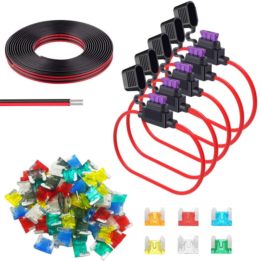 5 упаковок, держатель предохранителя 16 AWG, линейные автомобильные ножи ATC/ATO с 60 шт. мини-автомобильными предохранителями 5A, 10A, 15A, 20A, 25A, 30A и 3,2 фута, 2-контактный электрический провод