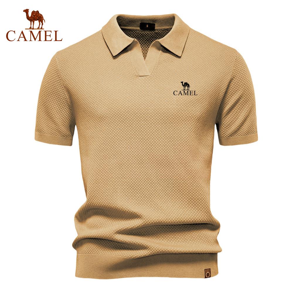 Camel Summer Embroidery Large Pineapple Pattern Woolen Polo Sweater for Men's Business, Seagull Collar, Men's Short Sleeve Sweater