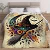 1pc Witch Hat & Broom Floral Flannel Blanket - Magical Witch Design with Autumn Colors Orange Purple Black Beige Green Brown