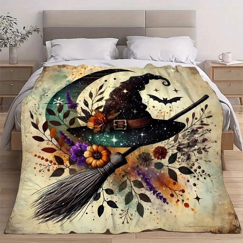 1pc Witch Hat & Broom Floral Flannel Blanket - Magical Witch Design with Autumn Colors Orange Purple Black Beige Green Brown