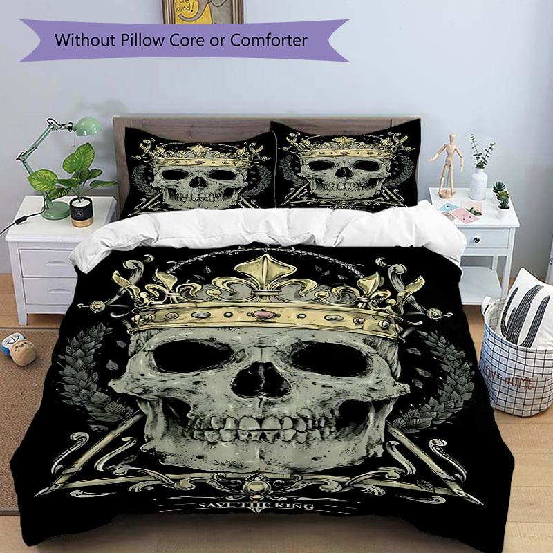 3pcs Crown Skull Duvet Cover Set - Machine Washable, Includes 1 Cover and 2 Pillowcases, No Core Included yy251013085