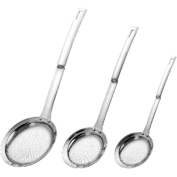 Sieve Fine Mesh Strainer Set Stainless Steel Metal Flat Cooking Skimmer Ladle Colander With Handle Food Strainer Kitchen Tools For Kitchen Baking Oil