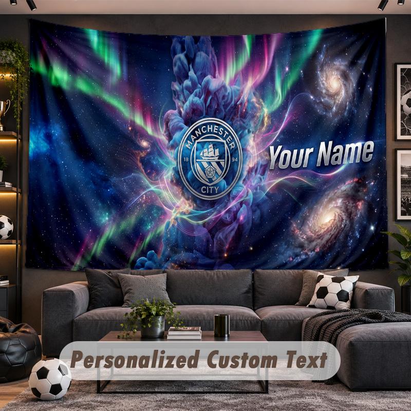 Manchester City Personalized Tapestry Support Custom Name, Wall Art Home Decoration